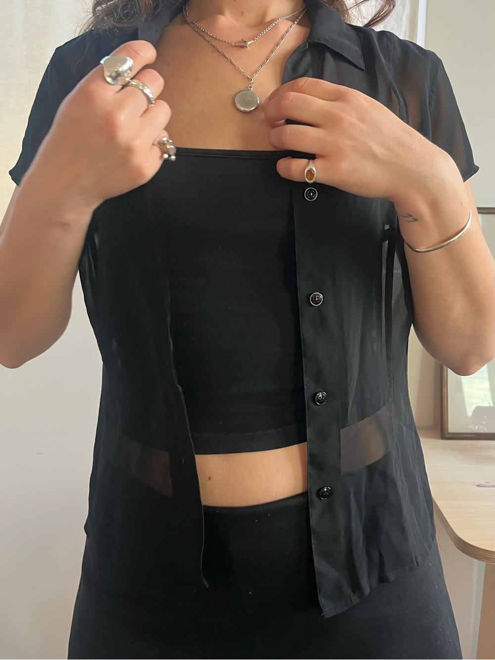 Vintage Black Sheer Short-Sleeve Button-Up Top, Size S